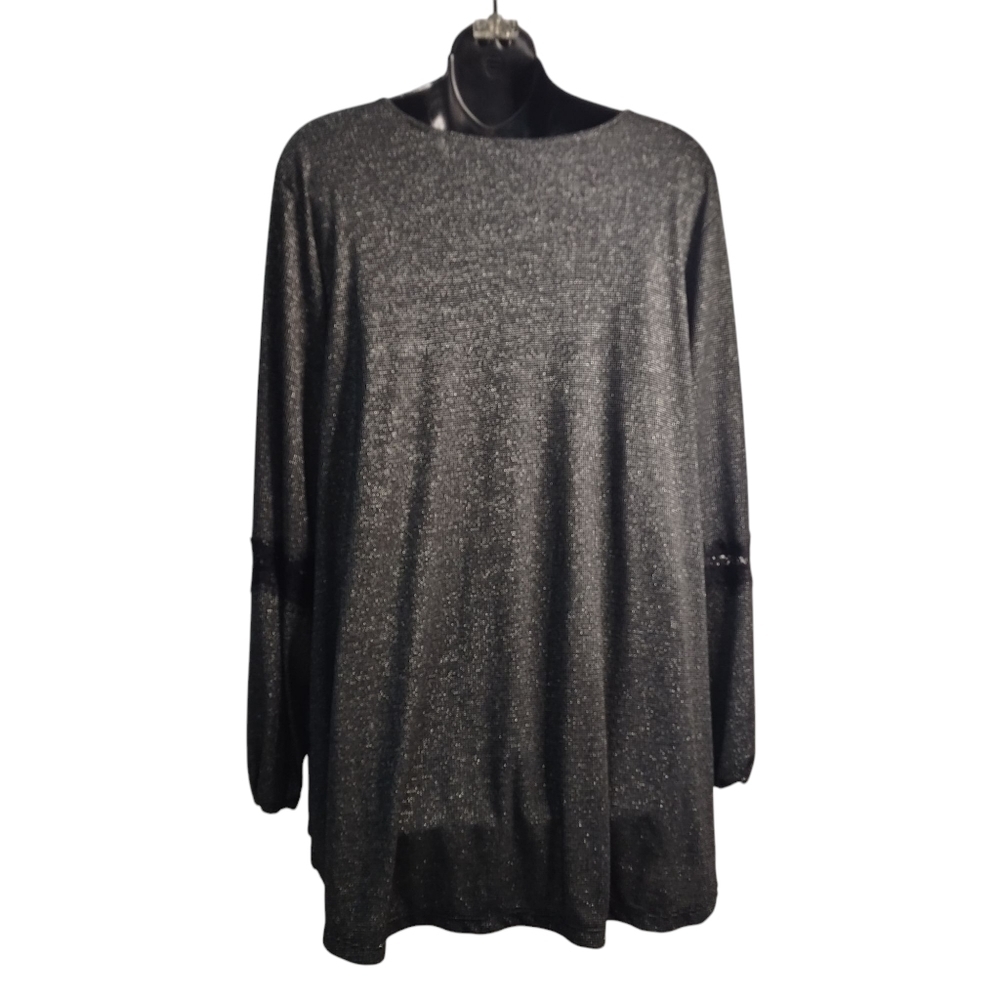 COMO Vintage Blouse Women's Black Silver Metallic V-Neck Lace Trimmed Sz 3X - Picture 2 of 11